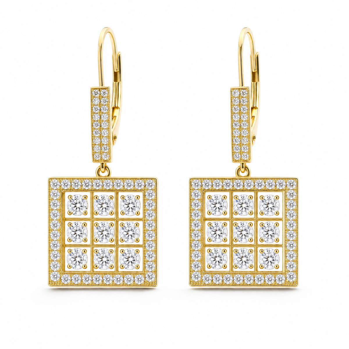 Champagne Gold Round White Diamond Square Earrings