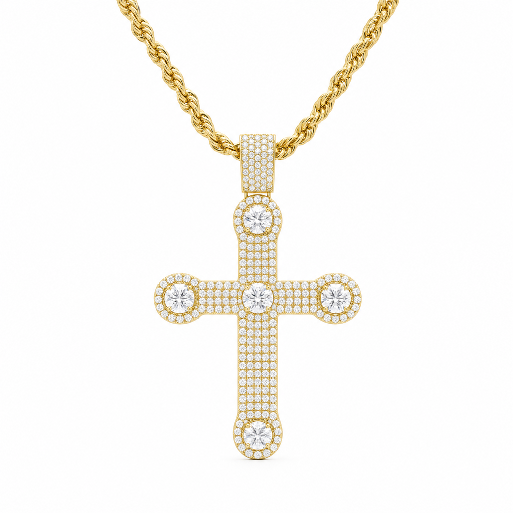 14K Gold CZ Cross Pendant Stainless Steel Rope Chain Necklace