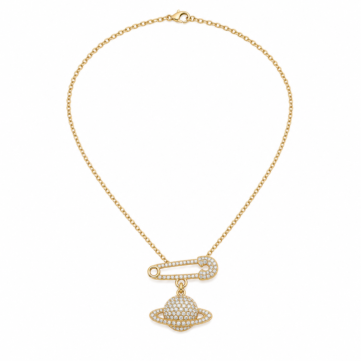 Full Diamond 14K Sparkling Planet Pin Short Necklace