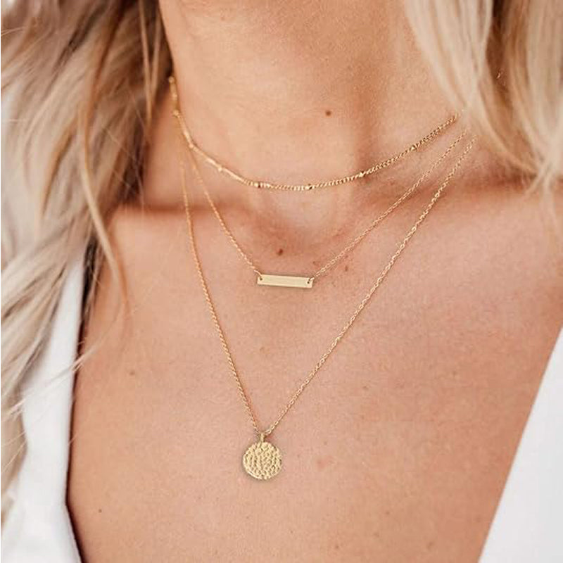 Gold Layered Choker Necklace 14K Gold Plated Bar Coin Pendant Jewelry