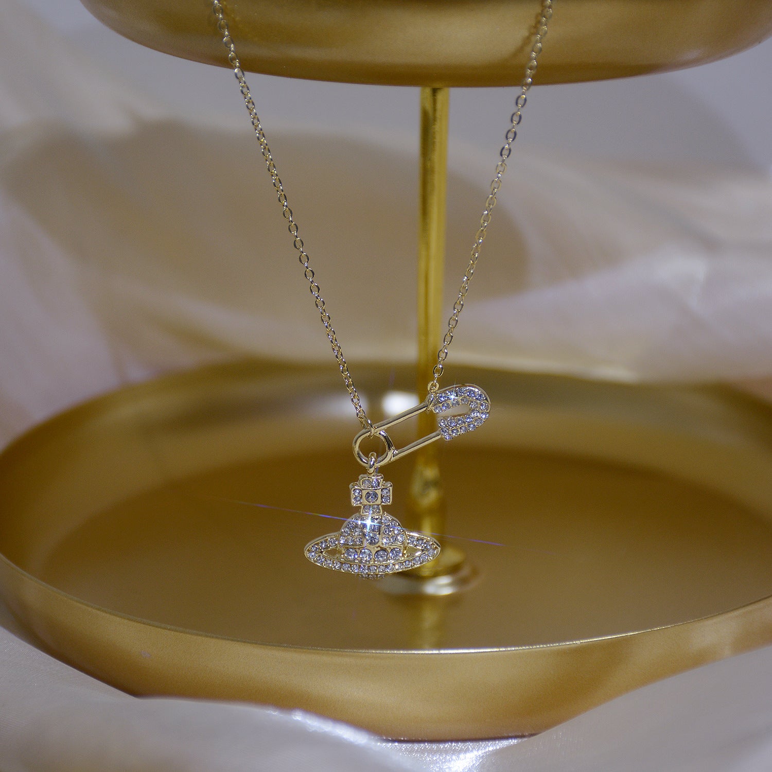 Full Diamond 14K Sparkling Planet Pin Short Necklace