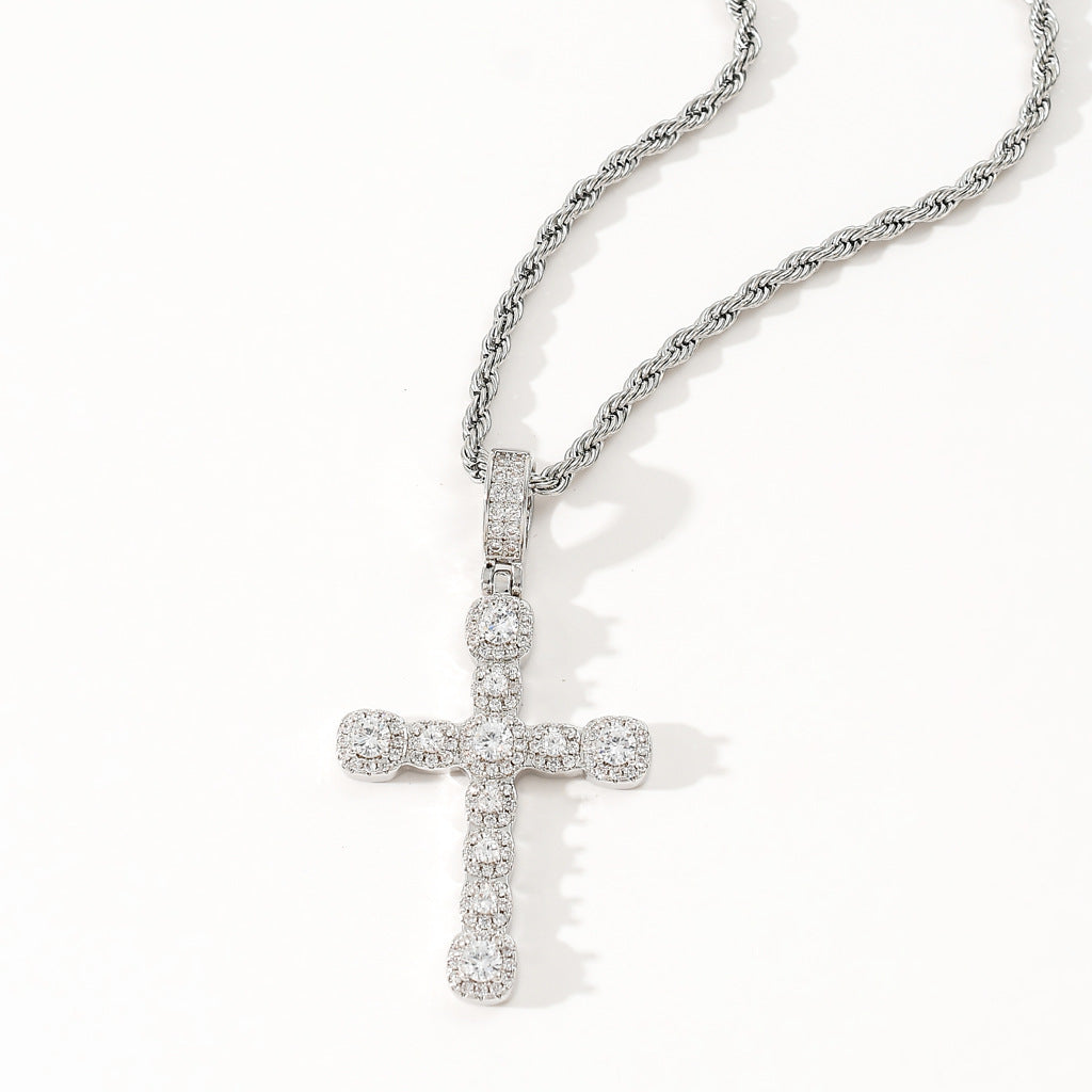 14K Gold CZ Cross Pendant Stainless Steel Rope Chain Necklace