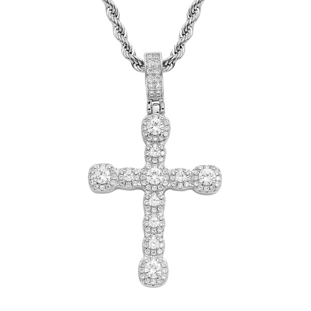 14K Gold CZ Cross Pendant Stainless Steel Rope Chain Necklace
