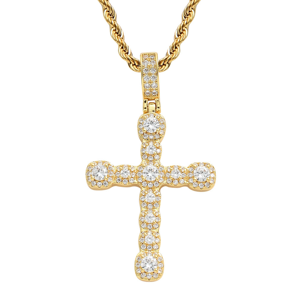 14K Gold CZ Cross Pendant Stainless Steel Rope Chain Necklace