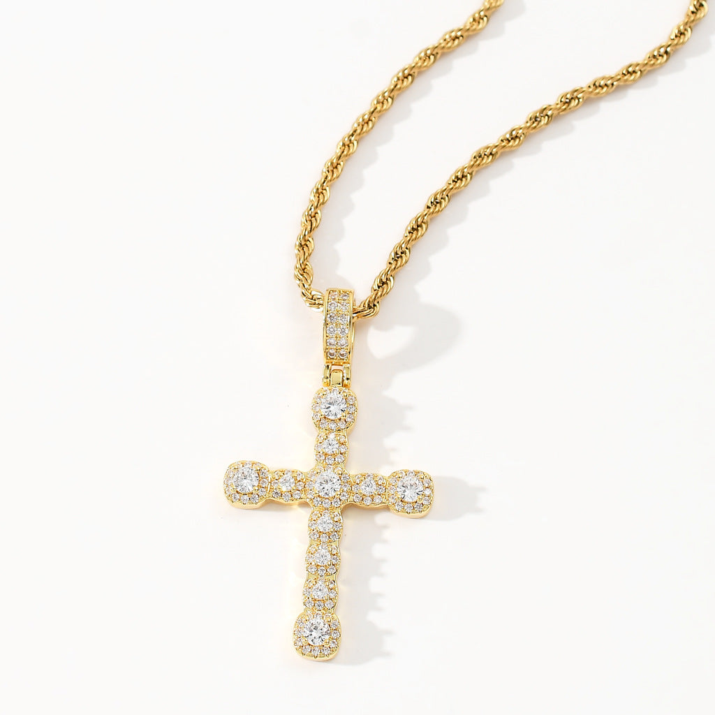 14K Gold CZ Cross Pendant Stainless Steel Rope Chain Necklace