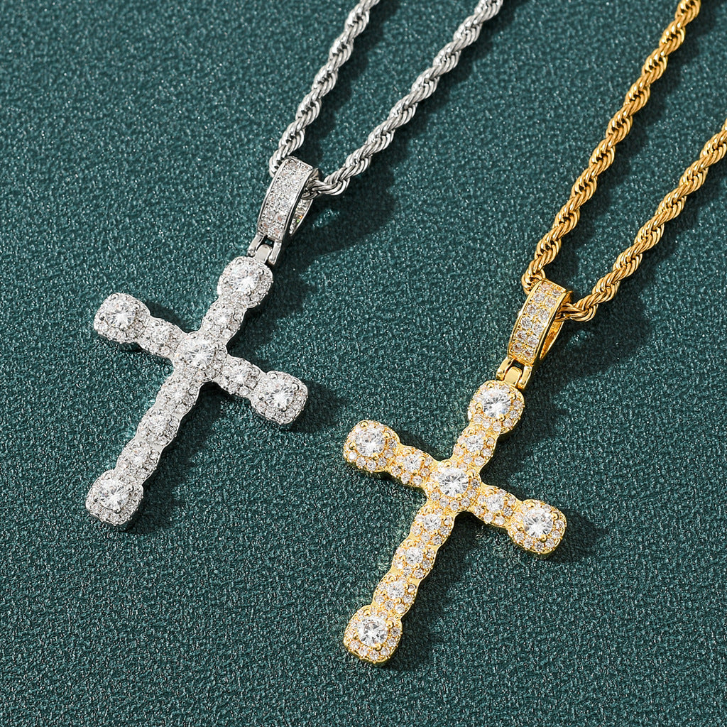 14K Gold CZ Cross Pendant Stainless Steel Rope Chain Necklace