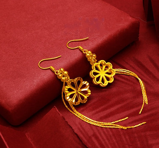 Gold Plated Tassel Flower Asymmetric Leaf Earrings Luxury Wedding Jewelry