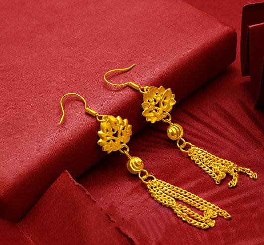 Gold Plated Tassel Flower Asymmetric Leaf Earrings Luxury Wedding Jewelry