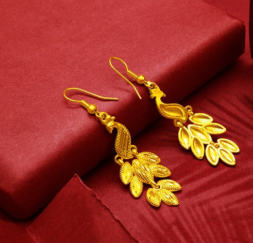 Gold Plated Tassel Flower Asymmetric Leaf Earrings Luxury Wedding Jewelry