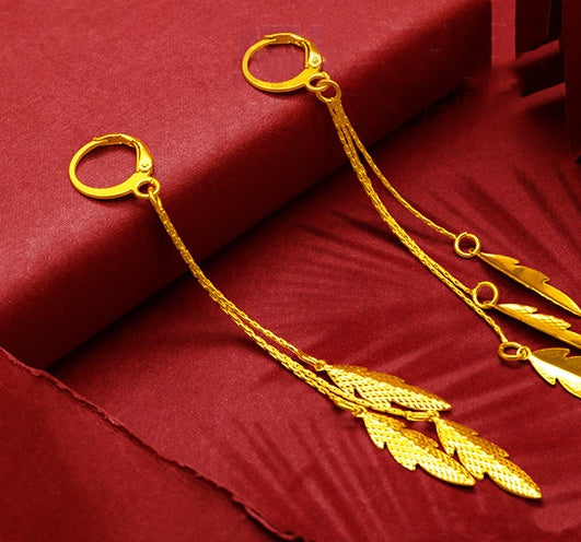 Gold Plated Tassel Flower Asymmetric Leaf Earrings Luxury Wedding Jewelry