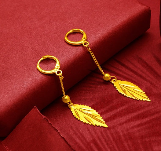 Gold Plated Tassel Flower Asymmetric Leaf Earrings Luxury Wedding Jewelry