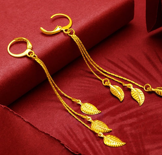 Gold Plated Tassel Flower Asymmetric Leaf Earrings Luxury Wedding Jewelry