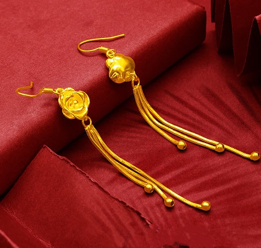 Gold Plated Tassel Flower Asymmetric Leaf Earrings Luxury Wedding Jewelry