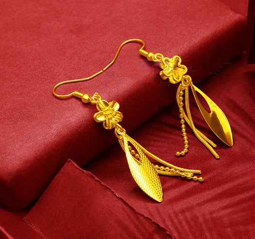 Gold Plated Tassel Flower Asymmetric Leaf Earrings Luxury Wedding Jewelry