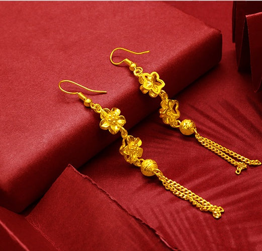 Gold Plated Tassel Flower Asymmetric Leaf Earrings Luxury Wedding Jewelry