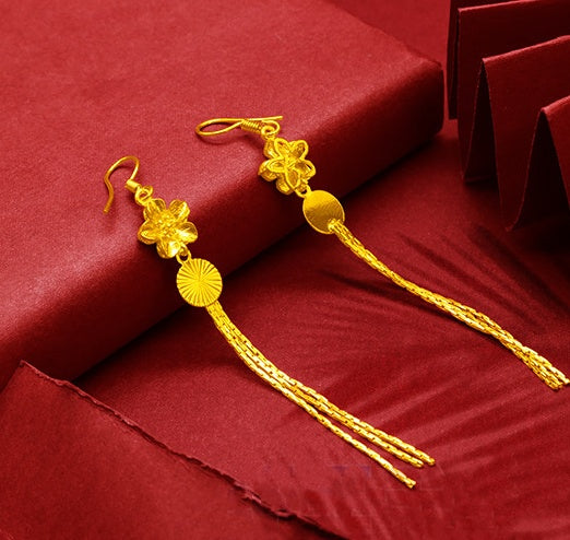Gold Plated Tassel Flower Asymmetric Leaf Earrings Luxury Wedding Jewelry