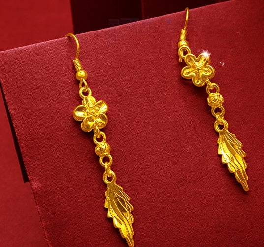 Gold Plated Tassel Flower Asymmetric Leaf Earrings Luxury Wedding Jewelry