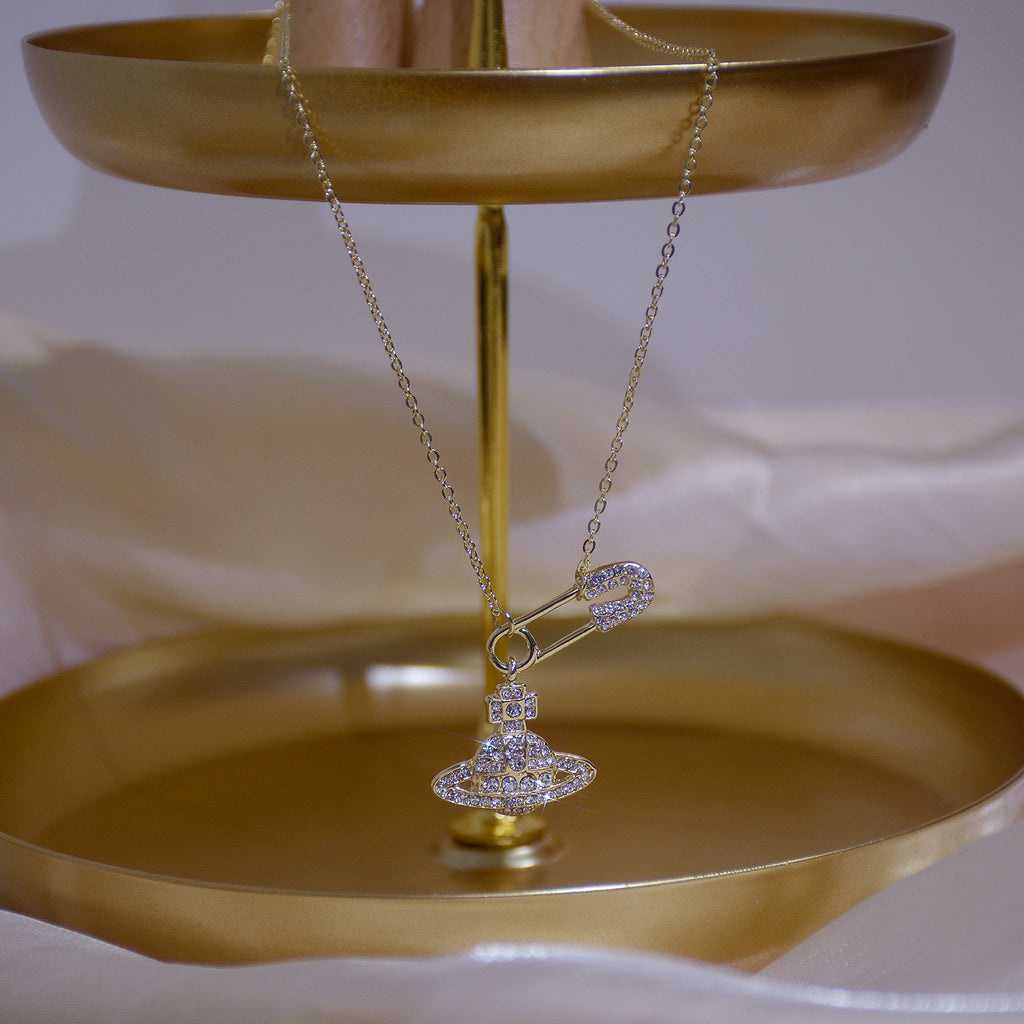 Full Diamond 14K Sparkling Planet Pin Short Necklace