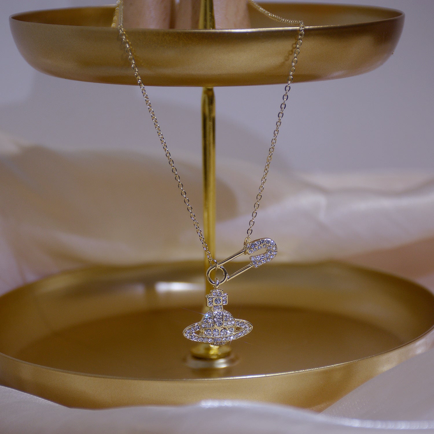 Full Diamond 14K Sparkling Planet Pin Short Necklace