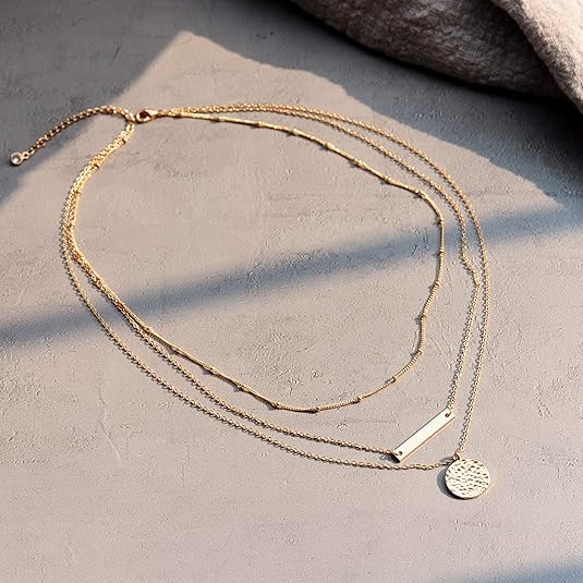 Gold Layered Choker Necklace 14K Gold Plated Bar Coin Pendant Jewelry