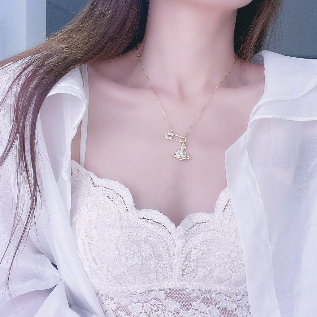 Full Diamond 14K Sparkling Planet Pin Short Necklace