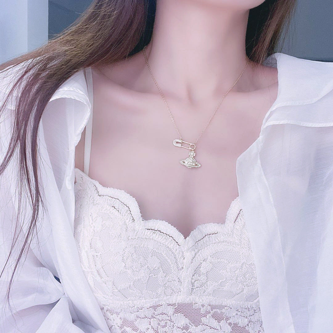 Full Diamond 14K Sparkling Planet Pin Short Necklace