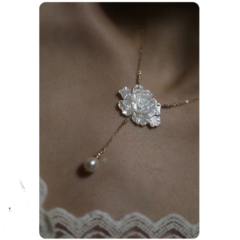 Ice Jade 14K Gold-plated Pearl Butterfly Fritillary Carved Peony Necklace