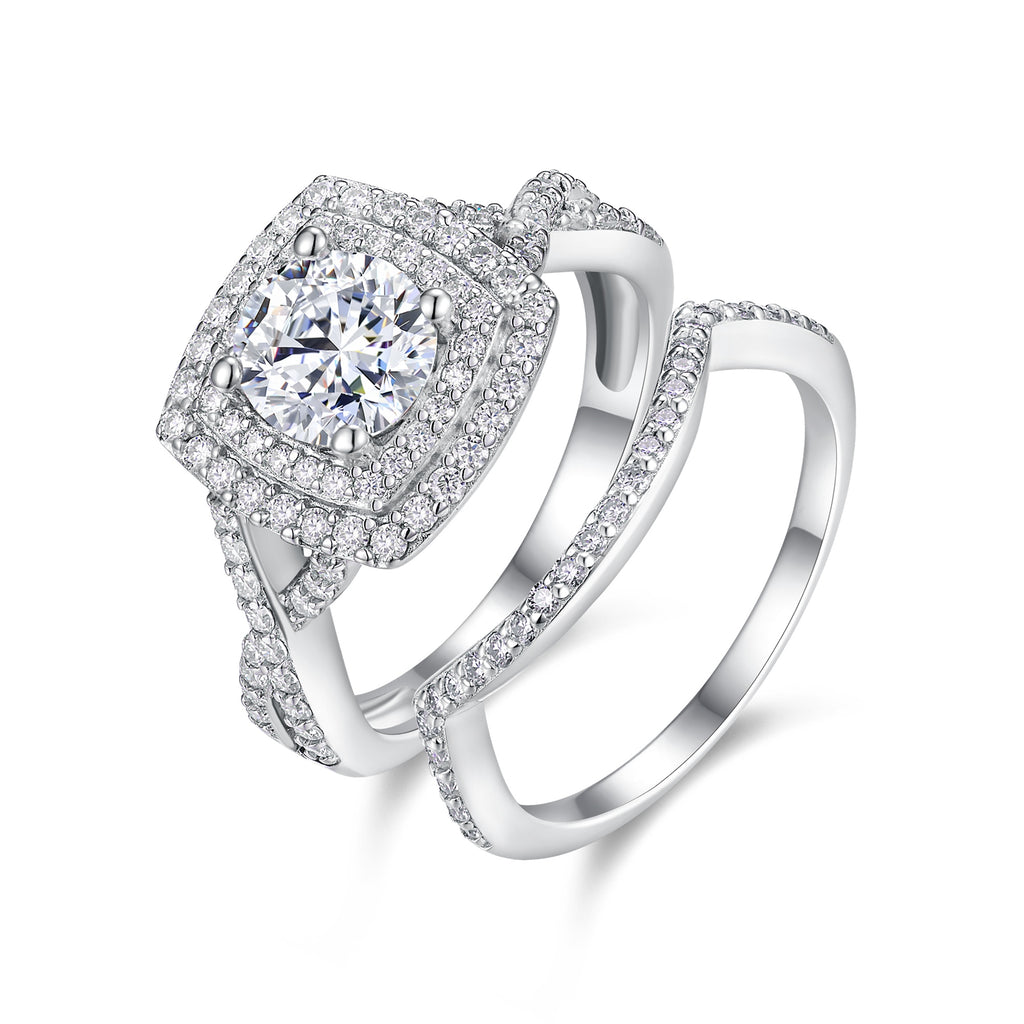 1ct Moissanite Double Ring Set Luxury S925 Silver Plated Platinum.
