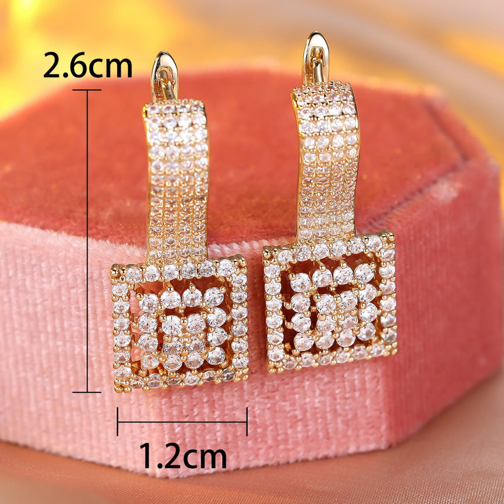 Champagne Gold Round White Diamond Square Earrings