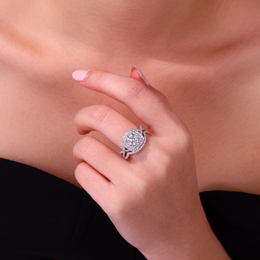1ct Moissanite Double Ring Set Luxury S925 Silver Plated Platinum.