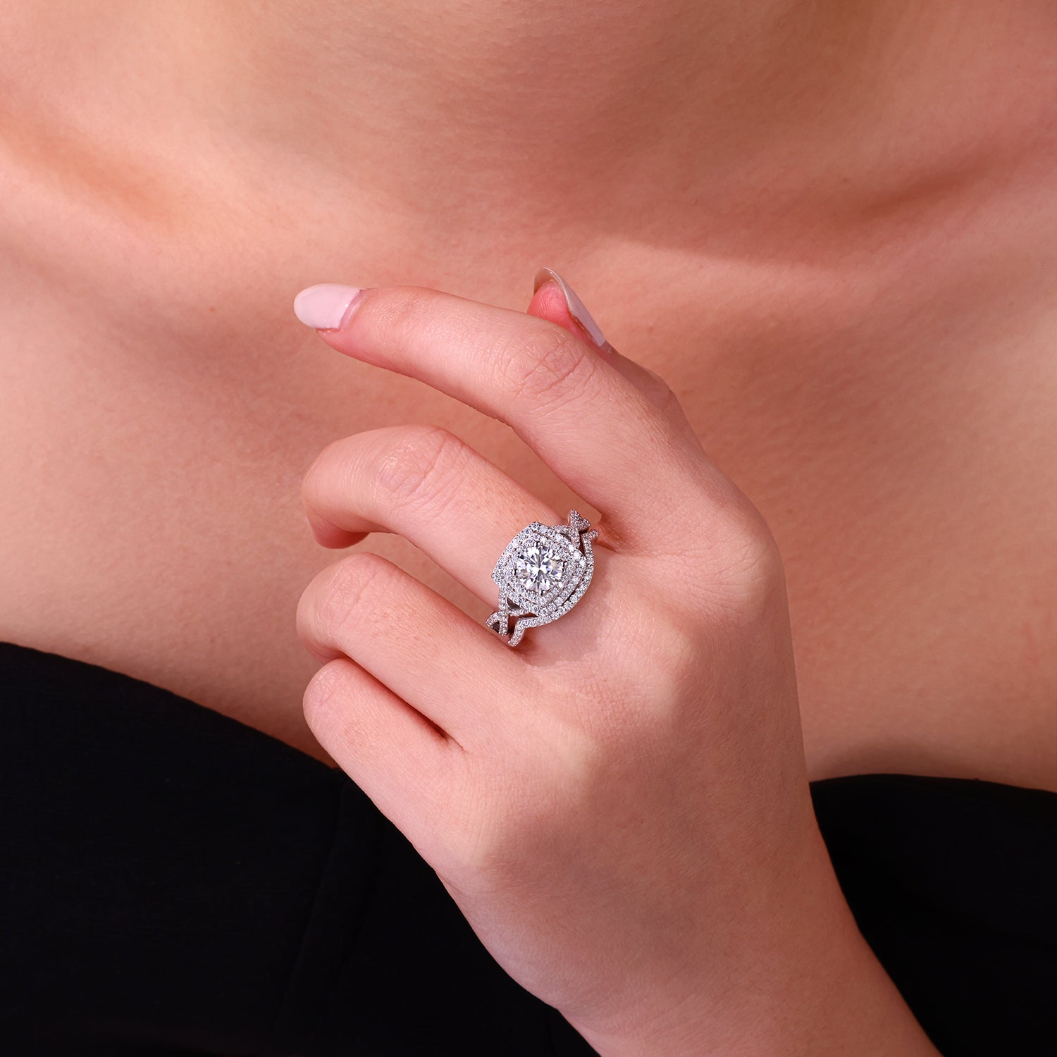 1ct Moissanite Double Ring Set Luxury S925 Silver Plated Platinum.