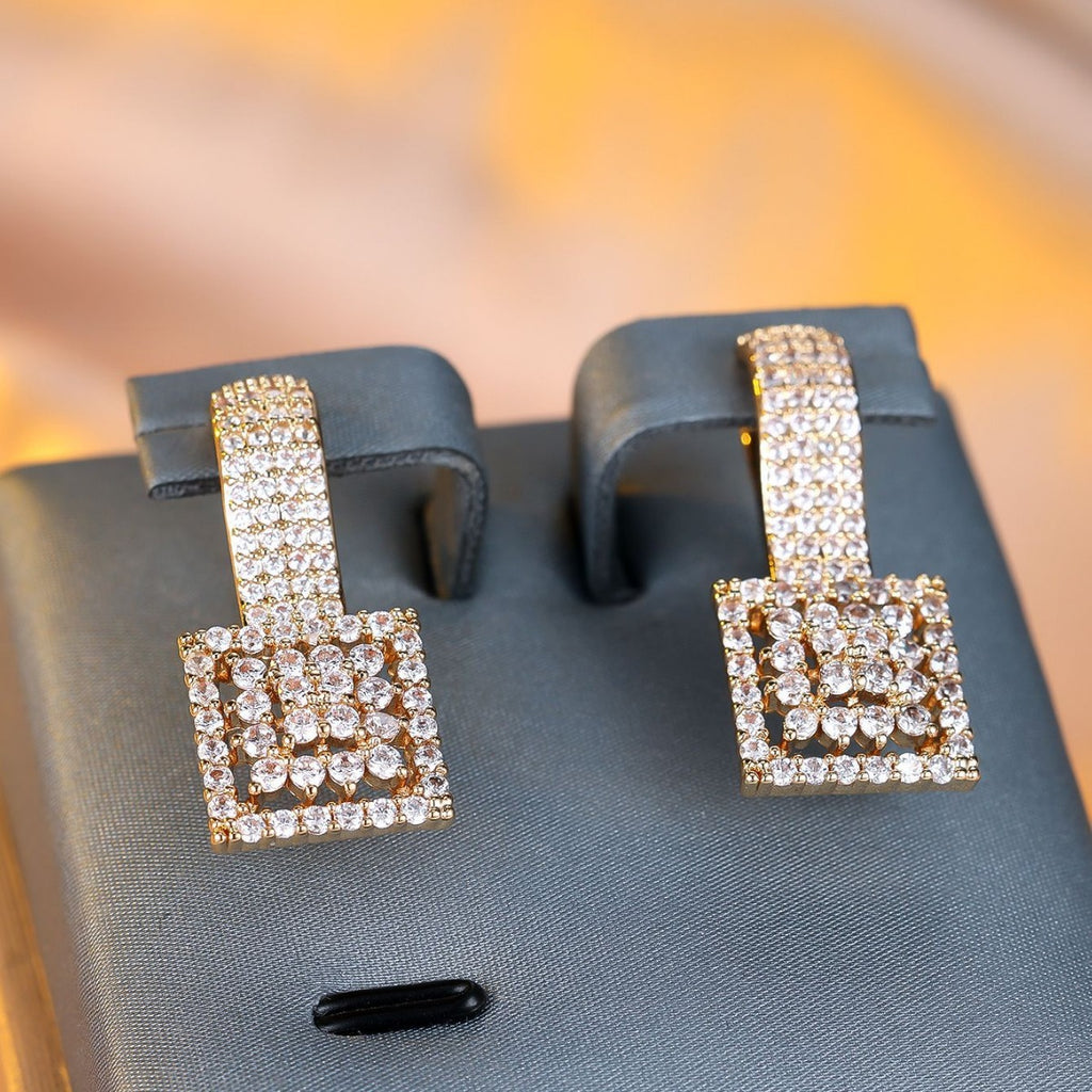 Champagne Gold Round White Diamond Square Earrings