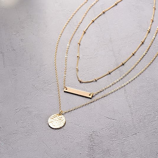 Gold Layered Choker Necklace 14K Gold Plated Bar Coin Pendant Jewelry