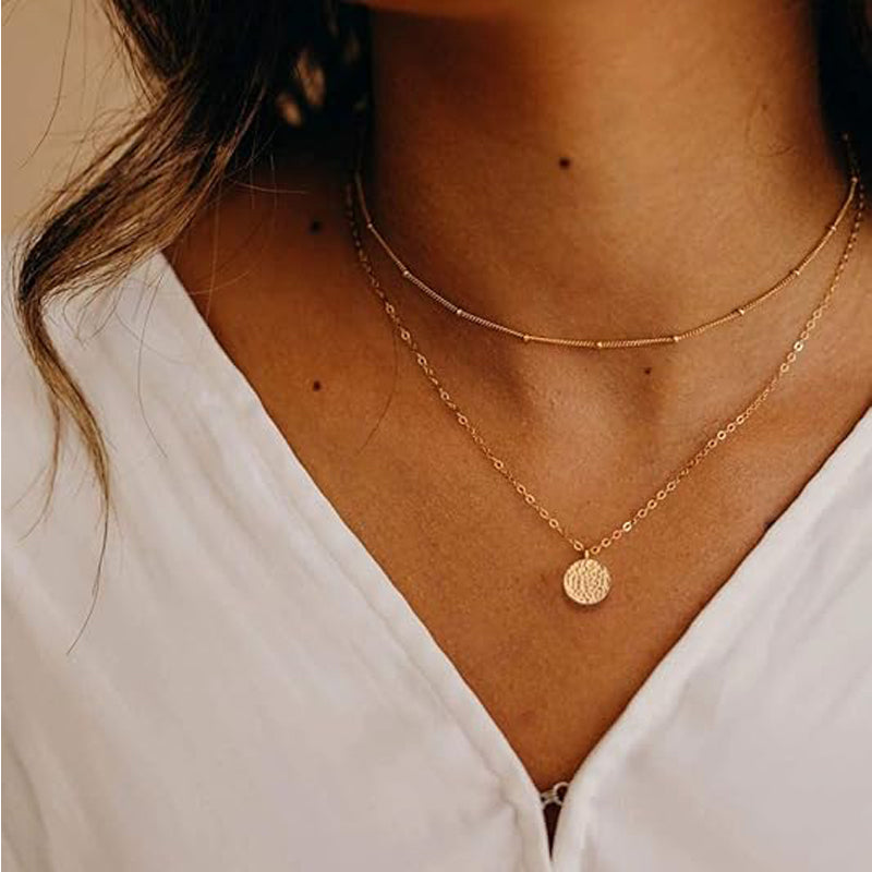 Gold Layered Choker Necklac 14K Gold Bar Coin Pendant Jewelr
