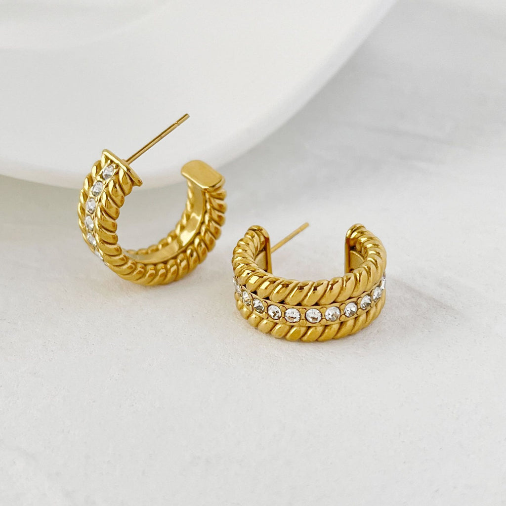 Electroplated Gold-plated C- Shaped Diamond Hoop Earrings