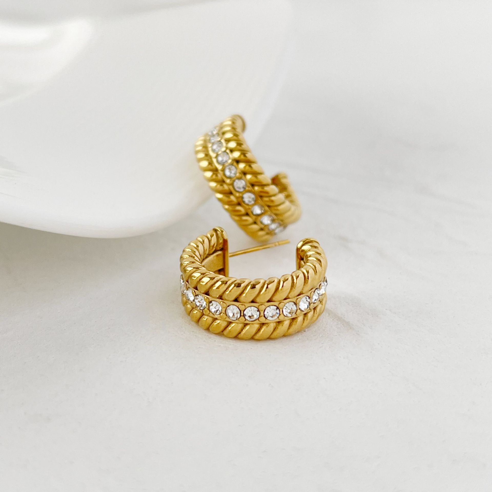 Electroplated Gold-plated C- Shaped Diamond Hoop Earrings