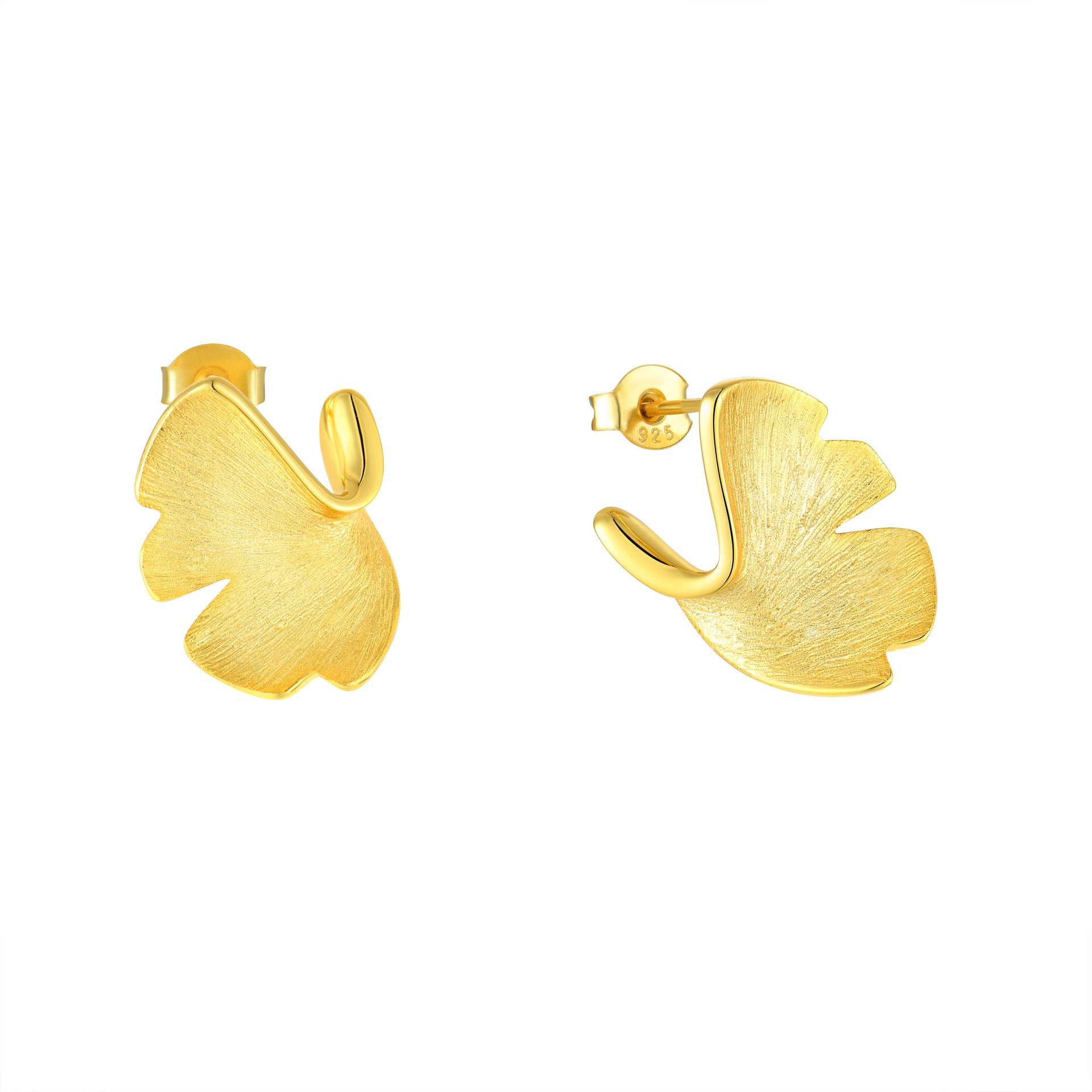 925 Silver Stud Earrings 14K Gold Ginkgo Biloba Design
