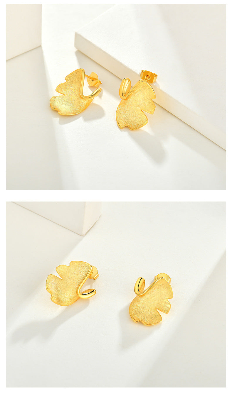 925 Silver Stud Earrings 14K Gold Ginkgo Biloba Design