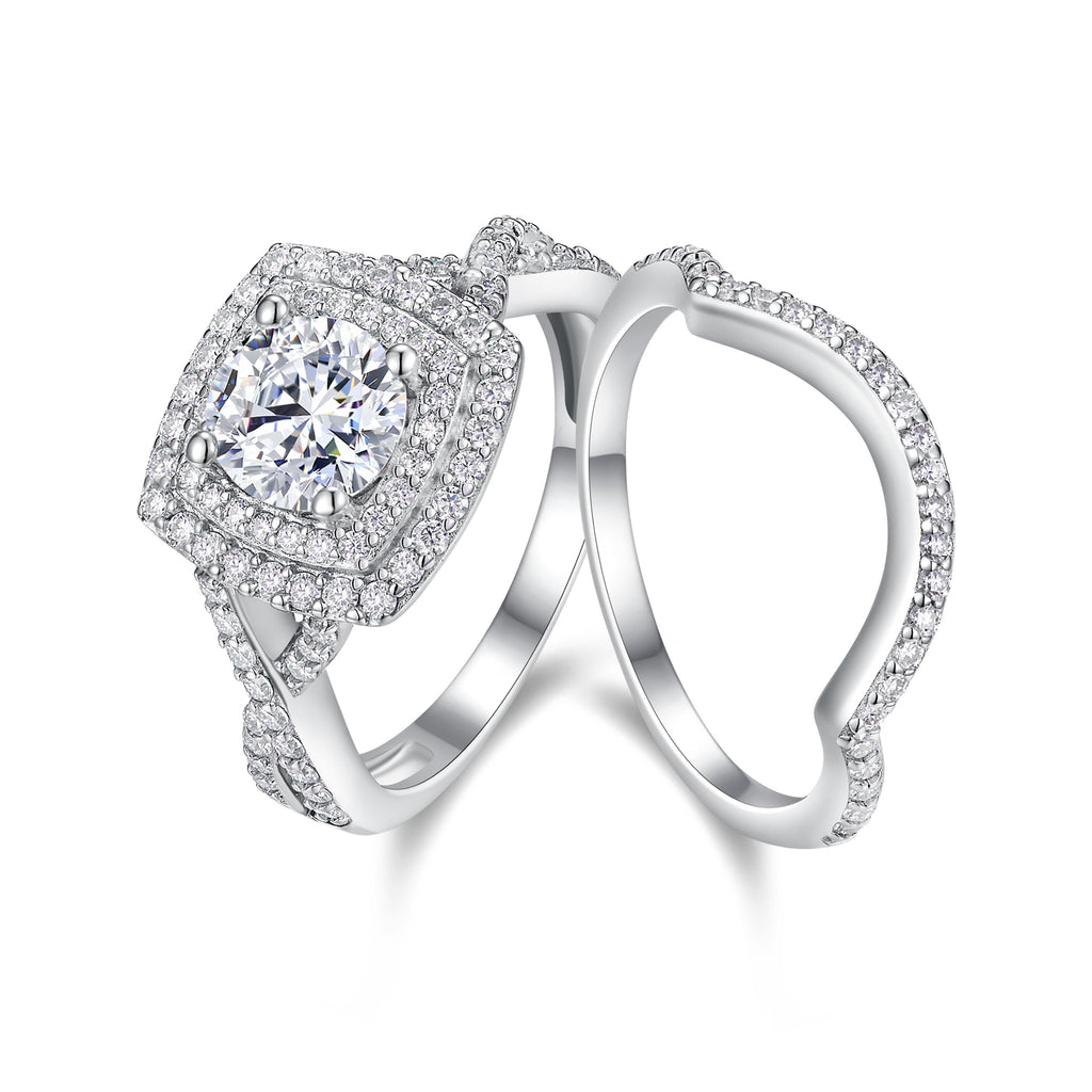 1ct Moissanite Double Ring Set Luxury S925 Silver Plated Platinum.