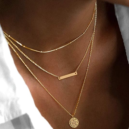 Gold Layered Choker Necklace 14K Gold Plated Bar Coin Pendant Jewelry