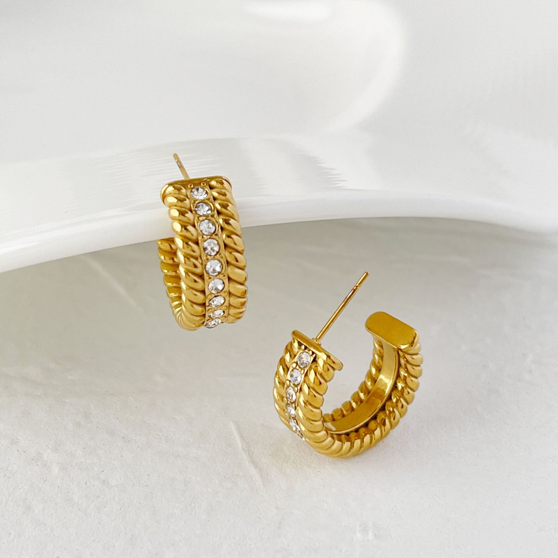 Electroplated Gold-plated C- Shaped Diamond Hoop Earrings
